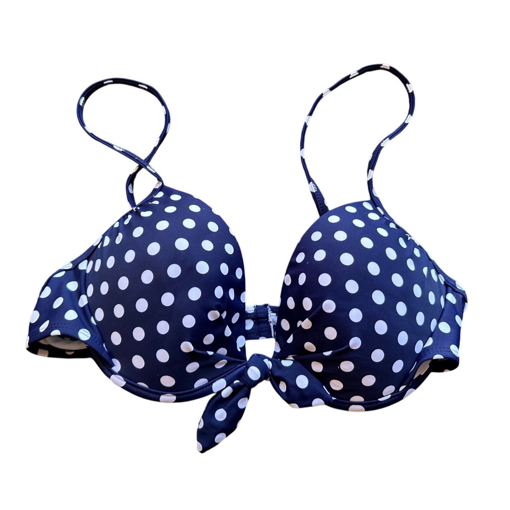 SO Navy Blue White Polka Dot Push Up Bikini Swim Top Large‎ Retro Tie Front